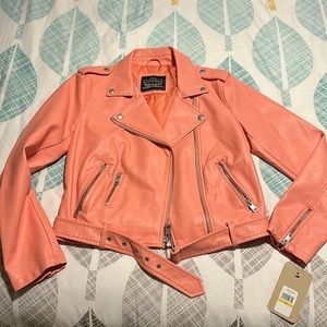 BELTED FAUX LEATHER MOTO JACKET - CORAL